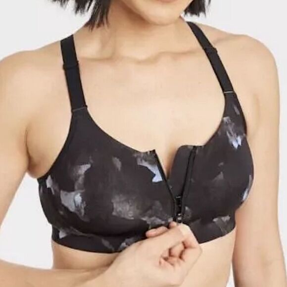 All in Motion High Support impact Black gray Print mesh camo Zip Front Bra 36DD - Picture 2 of 8